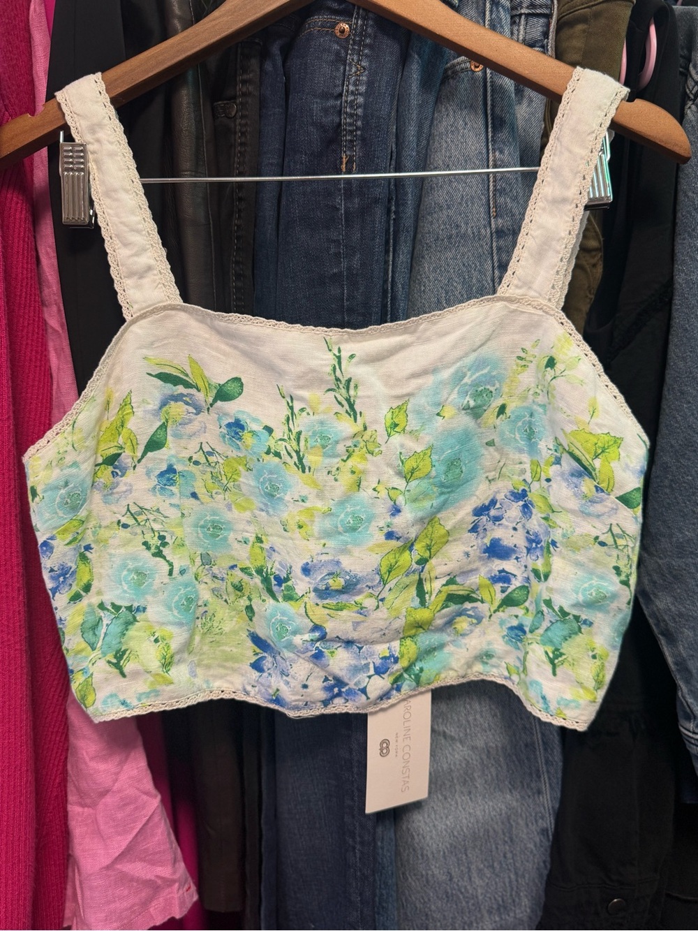 BNWT Caroline Constas Floral Crop Linen Blend Tank Top